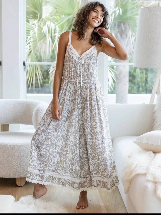 NATURAL LIFE Cotton And Lace Vintage Vines White Jumpsuit Size M - Picture 2 of 8